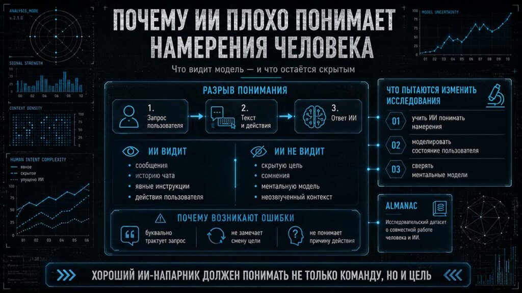 Инфографика в тёмном техно-нуарном стиле объясняет, почему ИИ плохо понимает намерения человека. В центре показан разрыв понимания: модель видит запрос пользователя, текст, историю чата, инструкции и действия, но не видит скрытую цель, сомнения, ментальную модель и неозвученный контекст. Отдельные блоки показывают причины ошибок ИИ и идею исследования ALMANAC: учить модели понимать намерения, состояние пользователя и сверять ментальные модели.