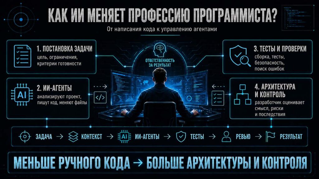 Инфографика показывает, как меняется профессия программиста: разработчик ставит задачу, передаёт контекст ИИ-агентам, контролирует написание кода, тестирование, безопасность, архитектуру и итоговый результат.