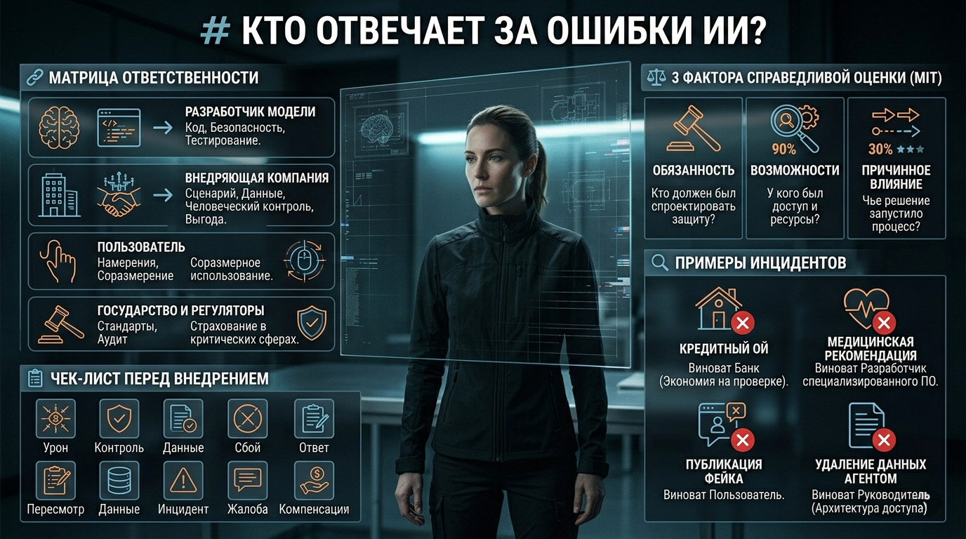 Темная футуристичная инфографика на тему «Кто отвечает за ошибки ИИ?». Содержит матрицу распределения ответственности, три фактора оценки рисков от MIT, примеры ИИ-инцидентов (в кредитовании, медицине, медиа) и чек-лист перед внедрением нейросетей. В центре композиции — девушка перед светящимся экраном с данными.